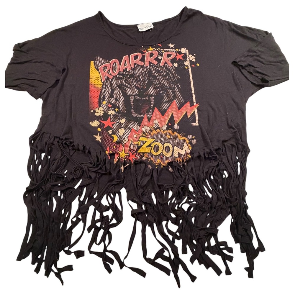 Caren Sport Graphic T-Shirt XL Black Tiger Comic Roarrr Zoom Fringe Tassel Hem